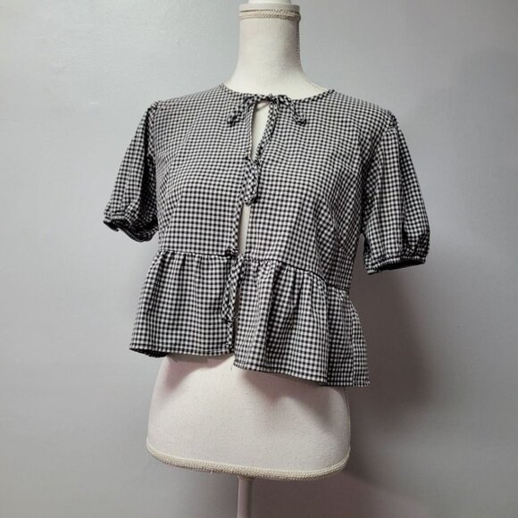 Wild Fable Tie Front Top Blouse Black White Checkered Womens Small Cropped - Picture 9 of 9